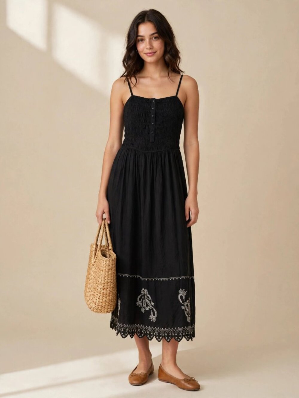Universal Thread Black Smocked Bodice Midi Dress Embroidered Hem NWT S